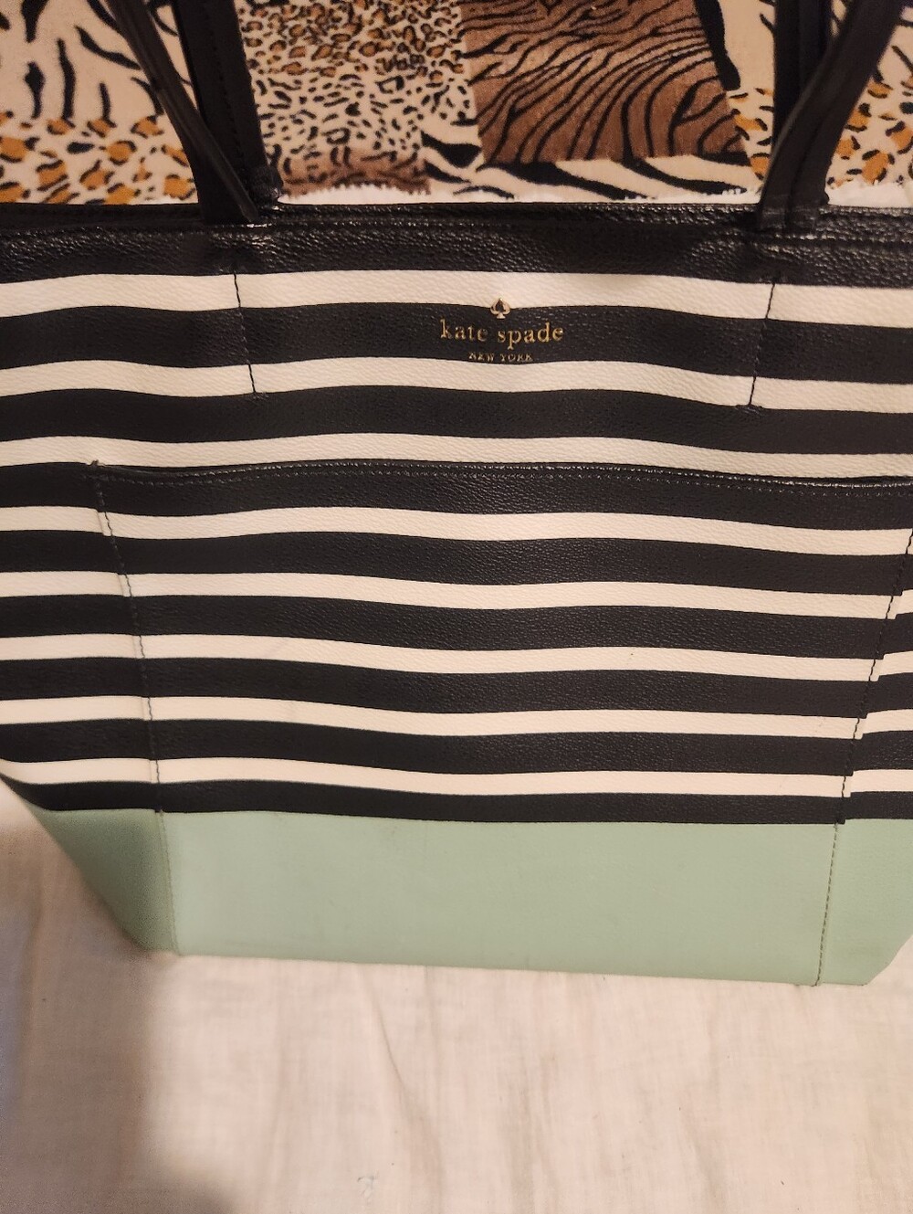kate spade Black and White Striped Tote with Mint Green Base
